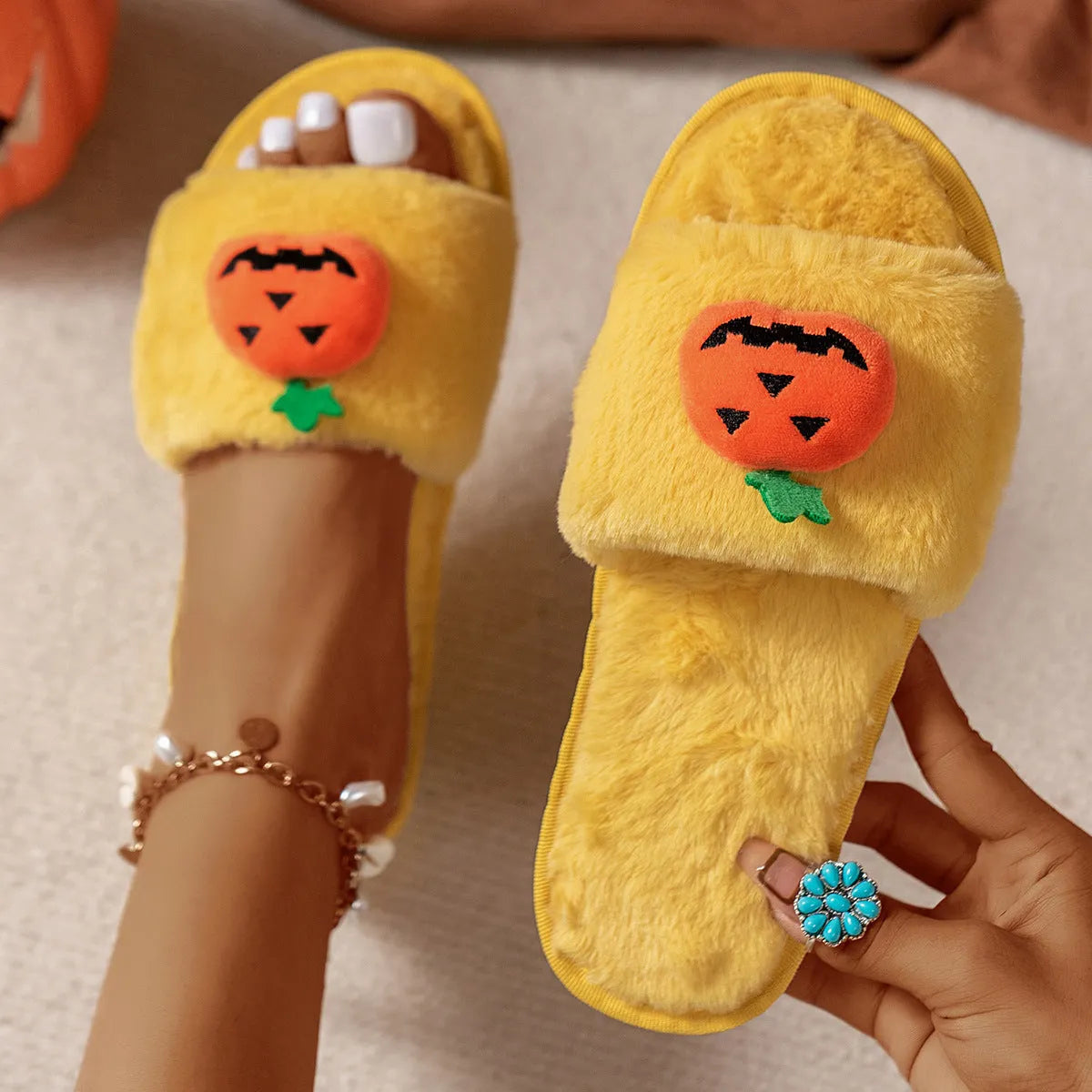 White and yellow pumpkin plush open-toe slippers with anti-slip PVC soles