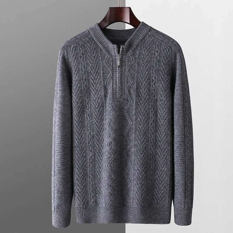 Men's pure wool diamond lattice pattern half-zip sweater in light camel colour