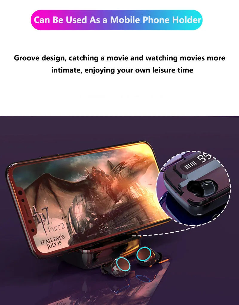 Black M11 style Bluetooth wireless headset with digital power display next to its charging case.