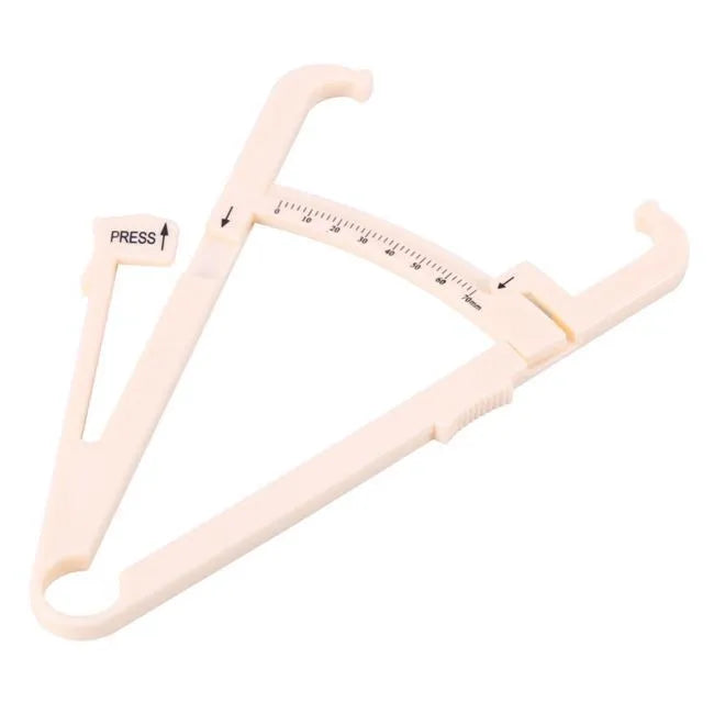 Acrylic body fat caliper with measurement scale showing 0.001mm accuracy