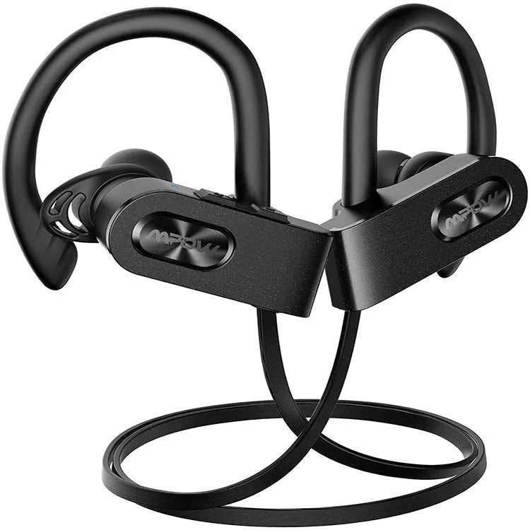 Red hanging ear Bluetooth headset showing earpiece design with wireless connectivity