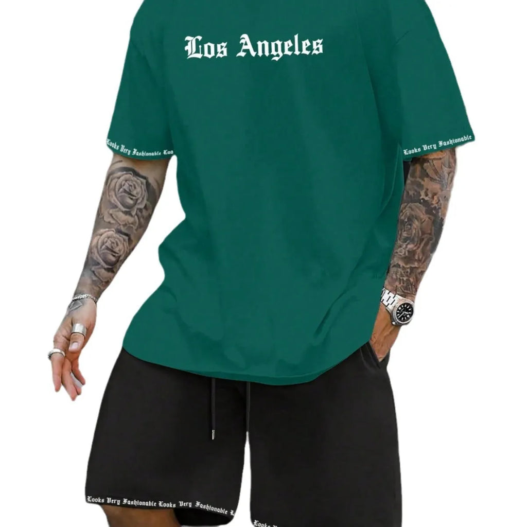 Sports style short-sleeved shorts set with printed pattern, loose fit shorts, and quick-dry fabric