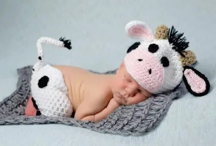 Hand knitted white baby cow suit with hat and pants set for newborns