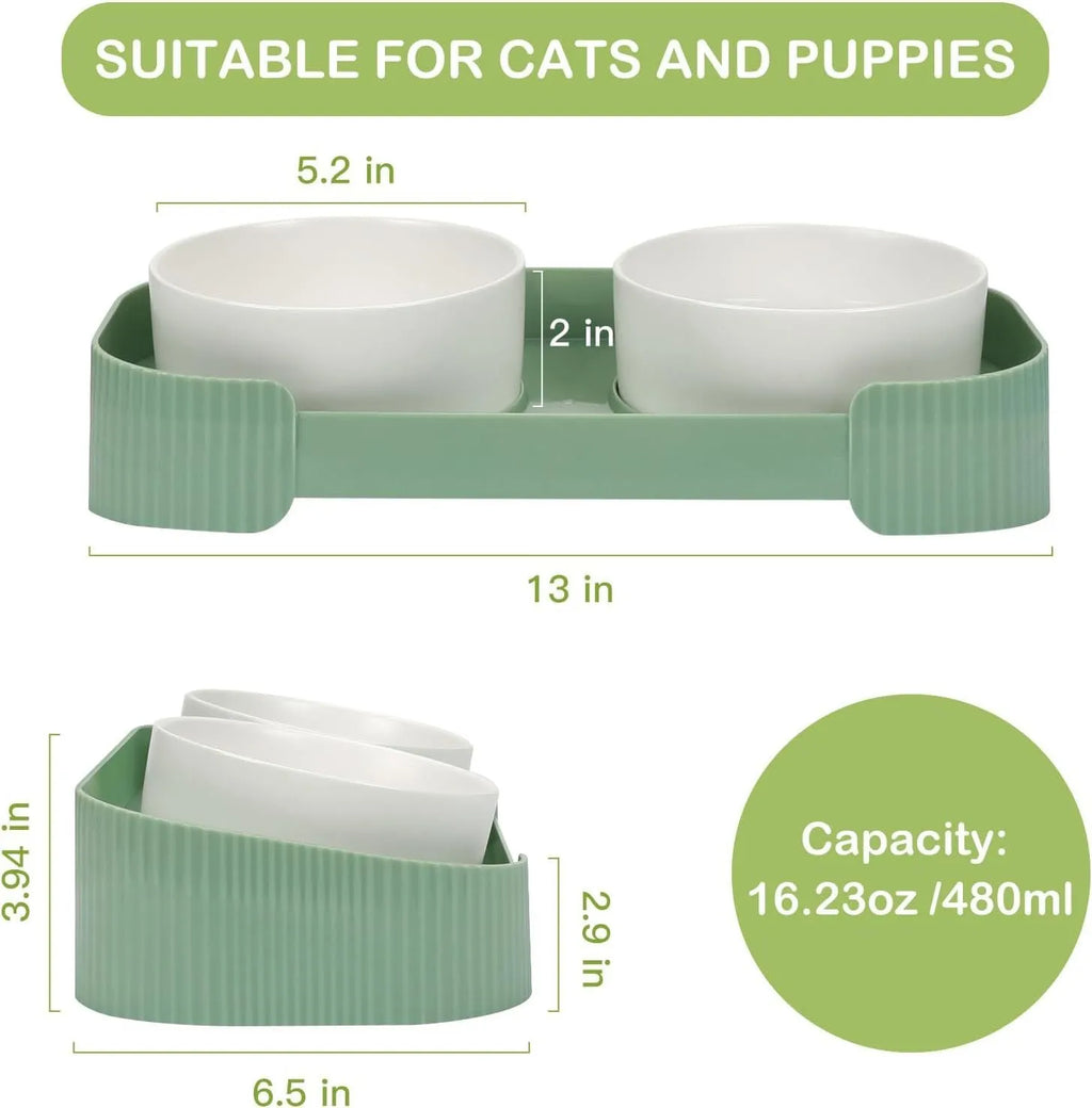 Green ceramic raised pet feeder with two tilted bowls on a non-slip stand
