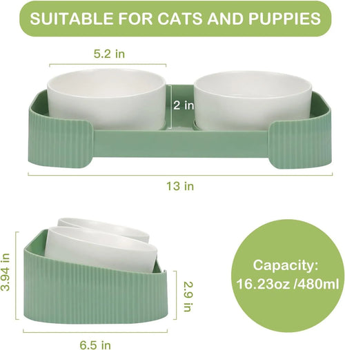 Green ceramic raised pet feeder with two tilted bowls on a non-slip stand