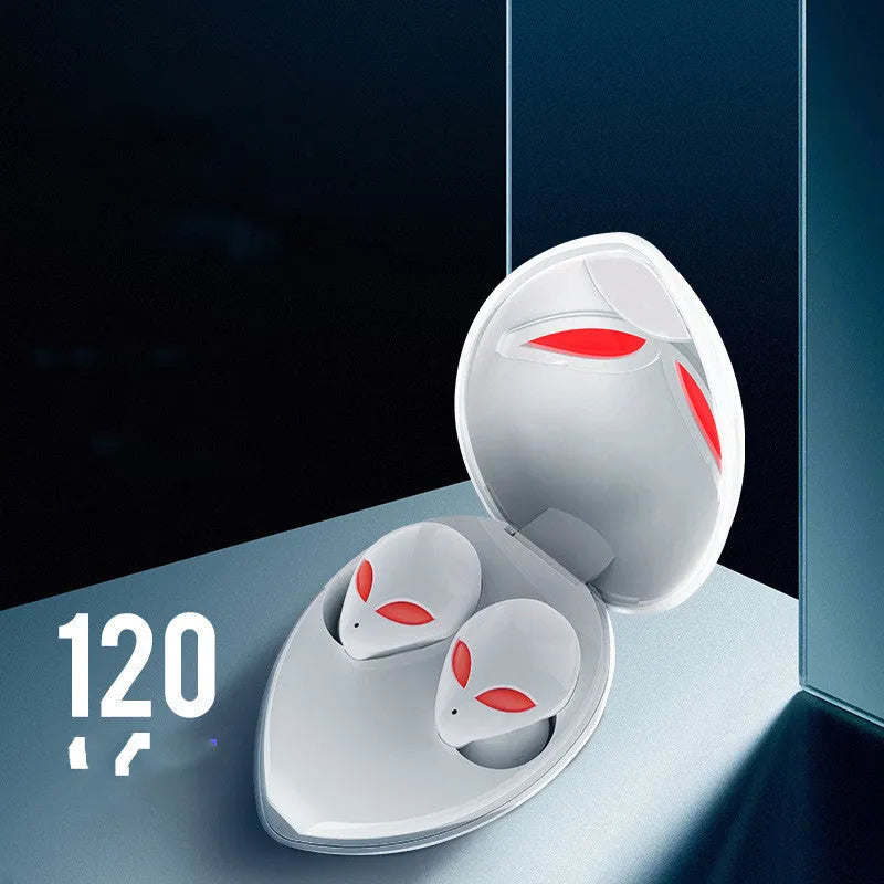 Creative Outer T8 Starman black and white alien design Bluetooth earbuds with coloured lights and wireless charging case.