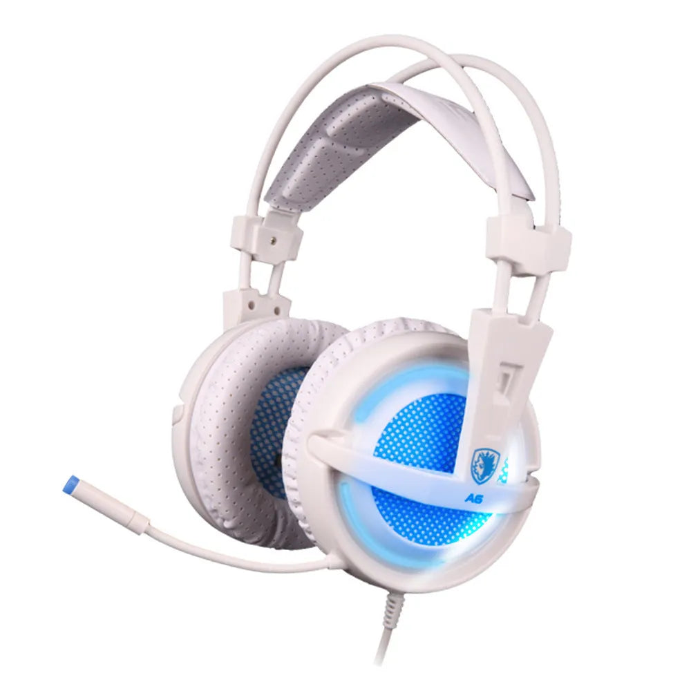 Black and white USB gaming headset with LED lights and 40mm speakers