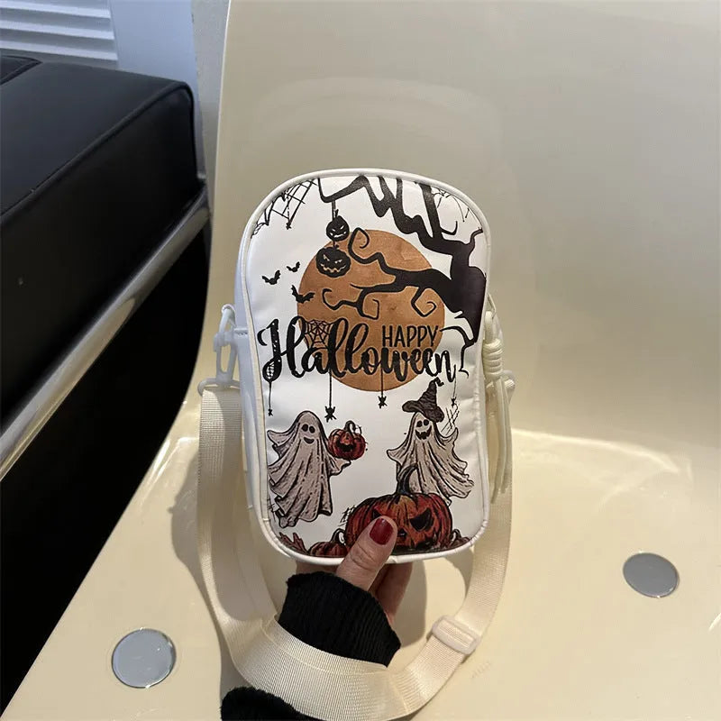 Halloween graffiti crossbody phone bag with pumpkin ghost bat print