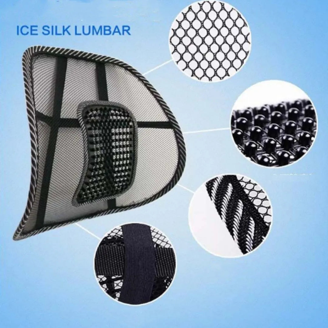 Black car lumbar support pillow with leather nail pattern and steel wire frame measuring 41x39cm