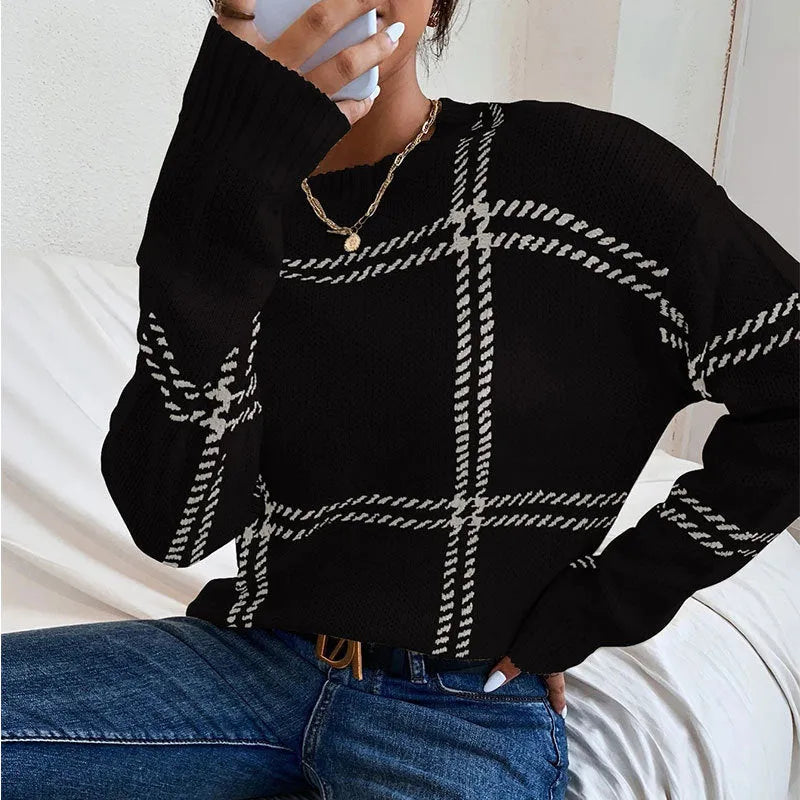 Women's loose casual plaid colour-block crew neck sweater with striped pattern