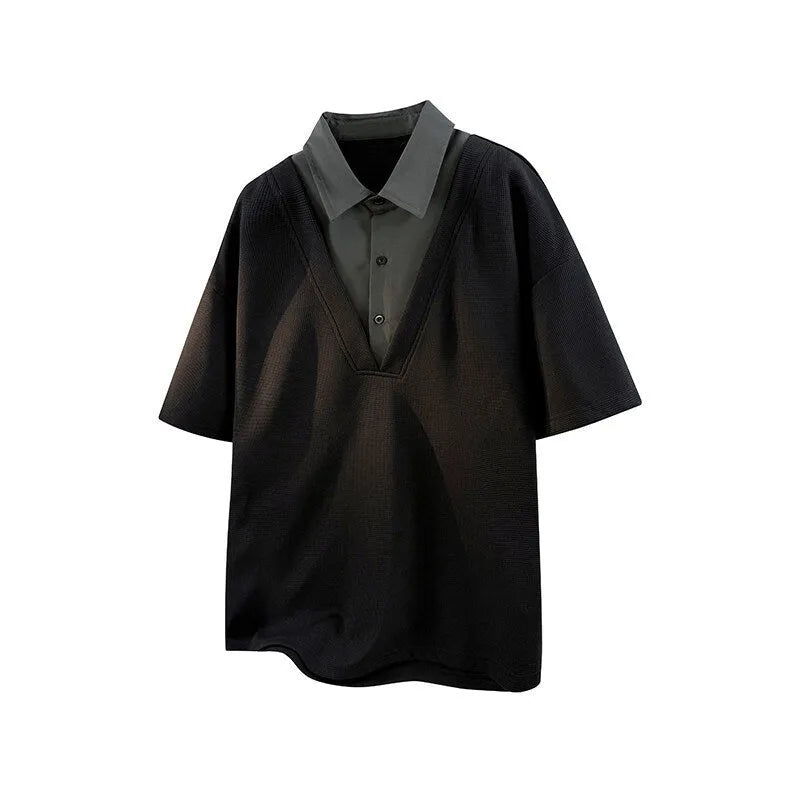 Men's black Heavy Henry collar polo shirt sweater thin spandex pullover short sleeves