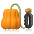 Orange plastic pumpkin dog toy with rope attachment for chewing and throwing games