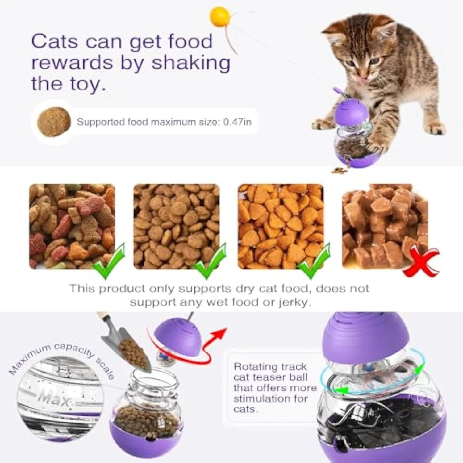 Electric yellow cat wand toy with teaser stick, plastic ball and slow feed dispenser on rocking base
