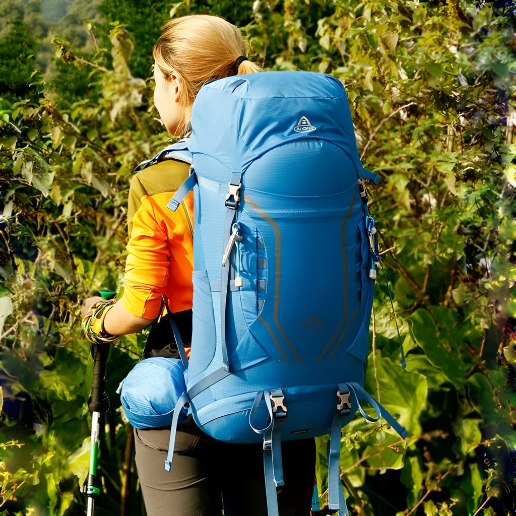 Large capacity hiking backpack 35+5L in dark green, tear-resistant nylon, ultralight mesh frame