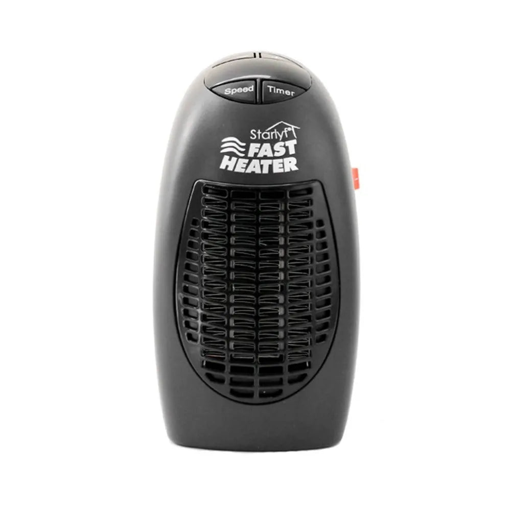 Black compact mini electric heater with digital display and a rotating three-prong plug