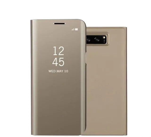 Samsung Galaxy Note20 phone case with mirror back and integrated folding stand in various colours.