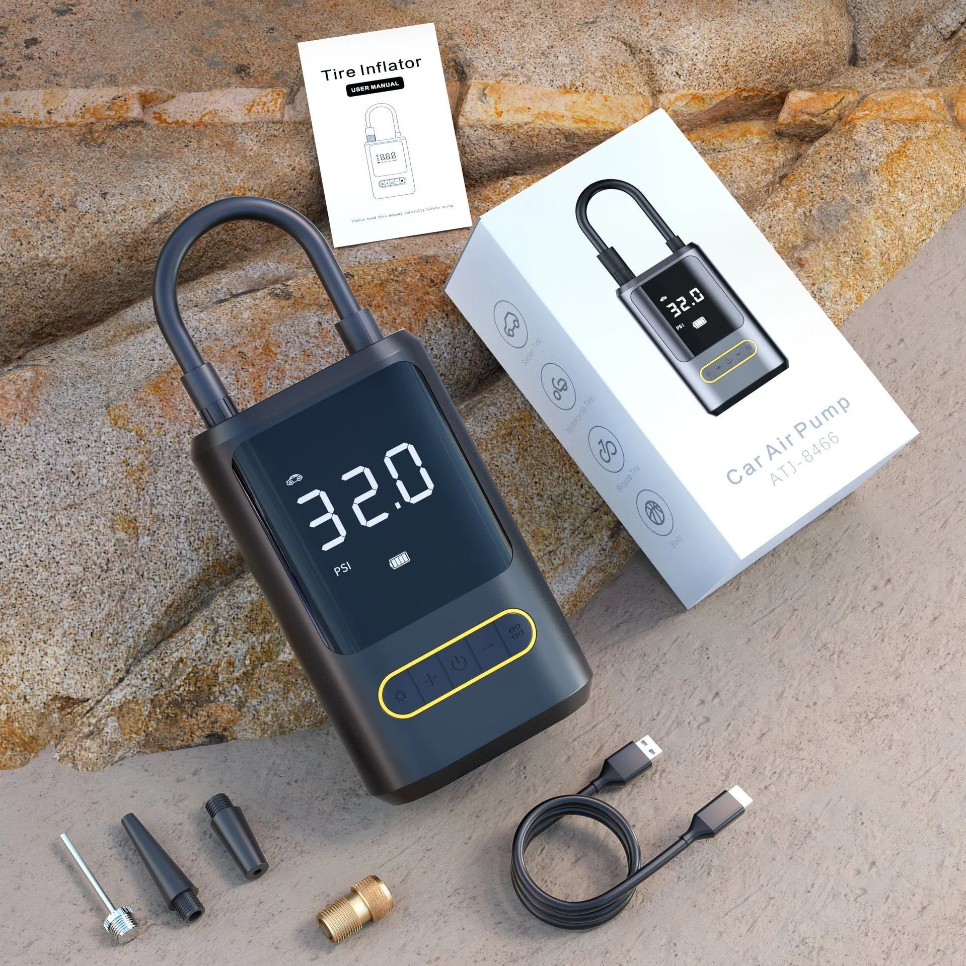 Handheld wireless digital air pump with LED display on black ABS body, showing pressure readout