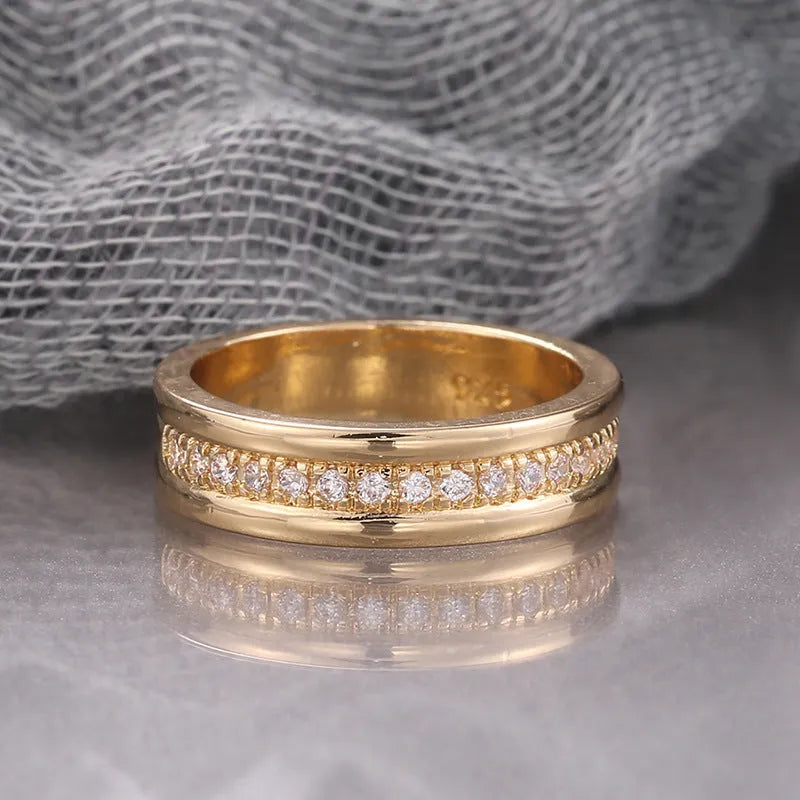 Copper ring with gold plating and inlaid zircon stones geometric design gold colour