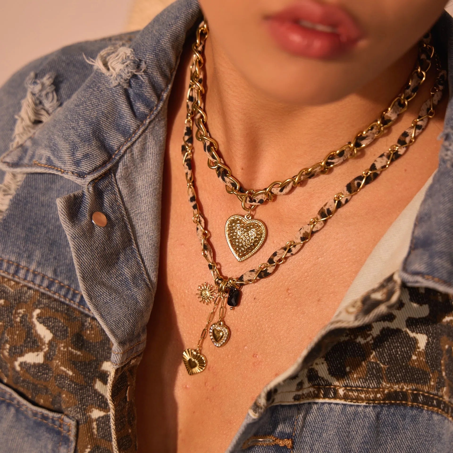 Geometric leopard and love pendant necklace on adjustable stainless steel chain with 18K electroplating