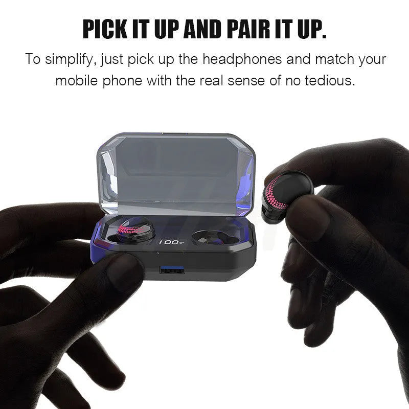 Black X10 wireless Bluetooth headset with its compact rectangular charging case.