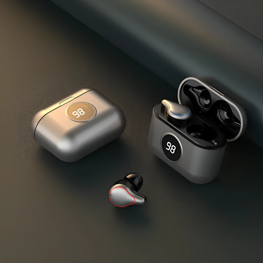 Black and blue in-ear Bluetooth headset with over-ear hooks for secure fit