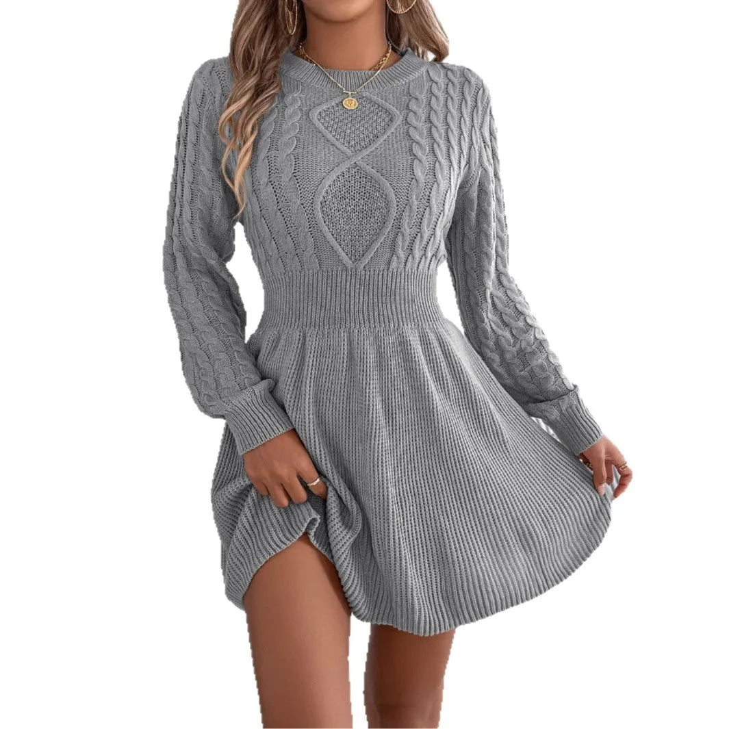 Solid colour sweater dress with long lantern sleeves and elastic waist in artificial fur fabric