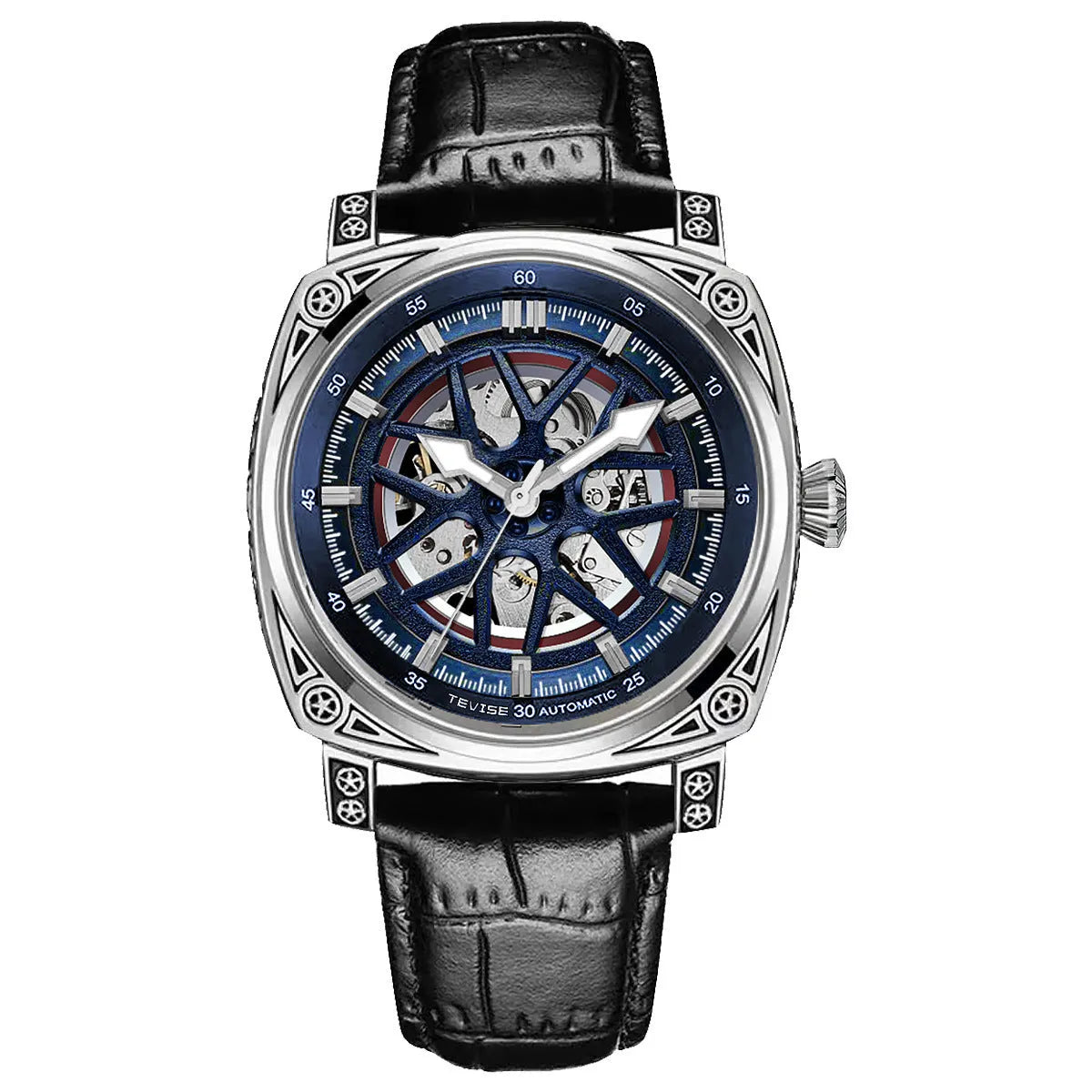Stainless steel automatic mechanical men's watch with leather strap in blue, black, rose white, or white with black belt options