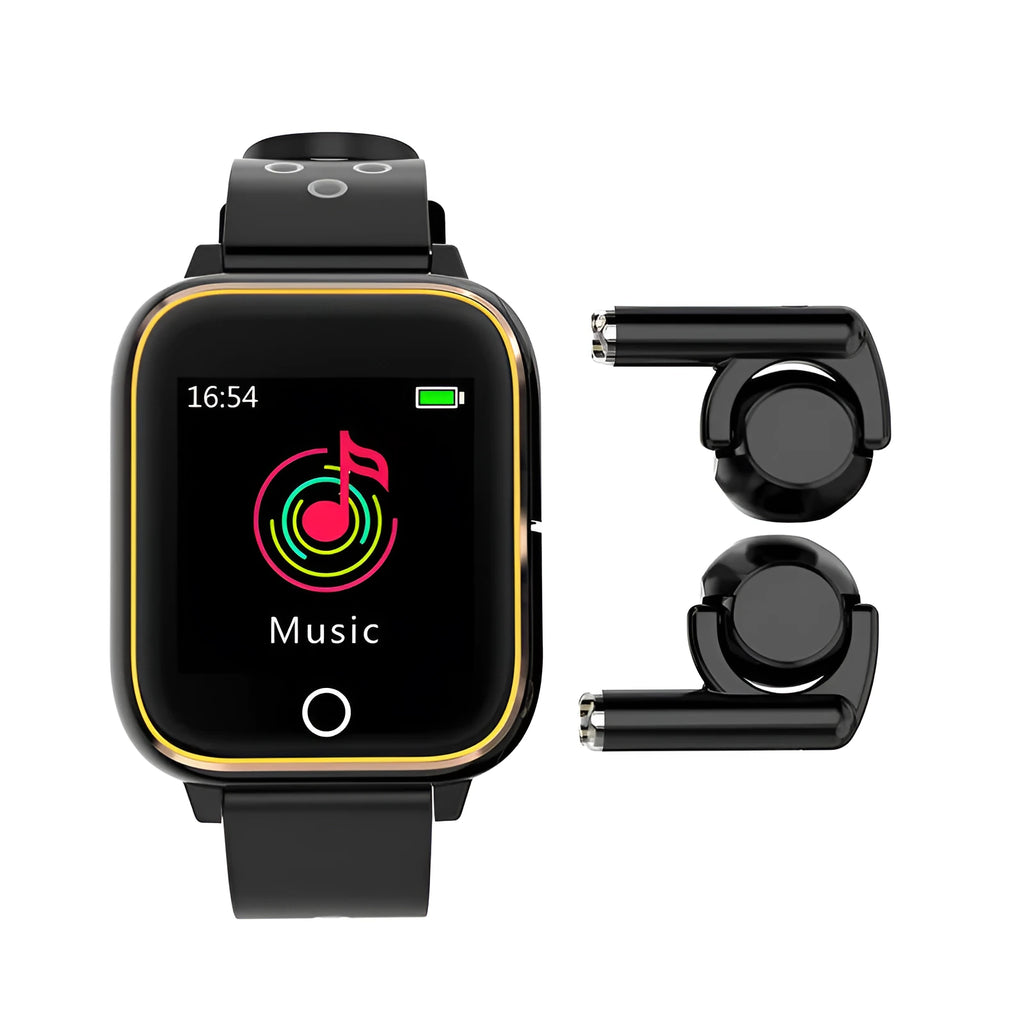 Smart watch with integrated Bluetooth earbuds showing 1.4-inch display with heart rate monitoring interface