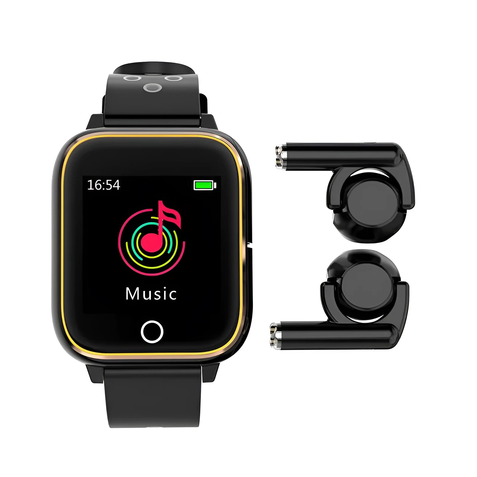 Smart watch with integrated Bluetooth earbuds showing 1.4-inch display with heart rate monitoring interface