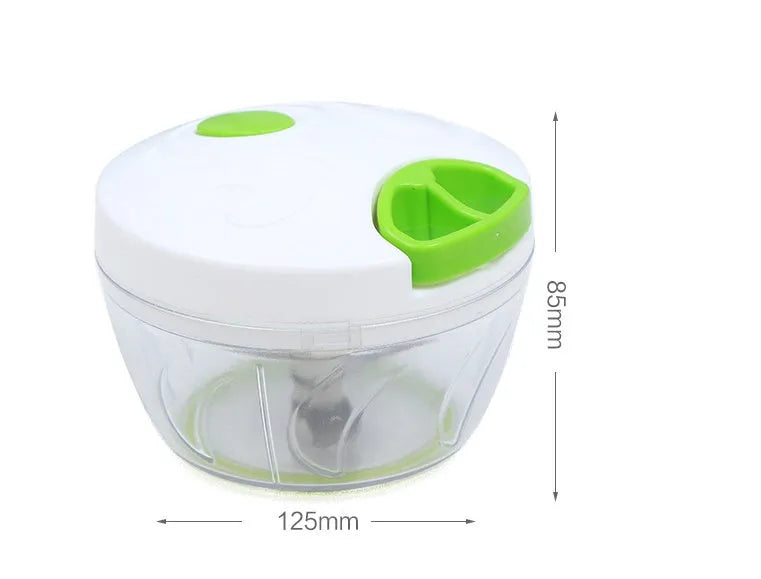 Green manual kitchen chopper with three blades showing 500ml capacity container functionality