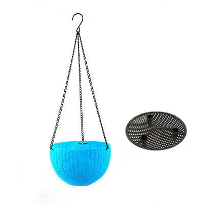 Plastic hanging basket with chain and inner pot in one of seven colours.