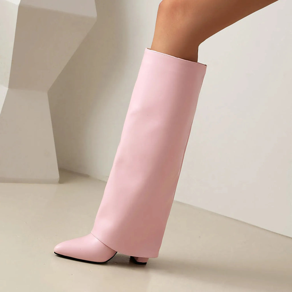Women's plus size knee-high boots with thick block heel in black, white and pink colours