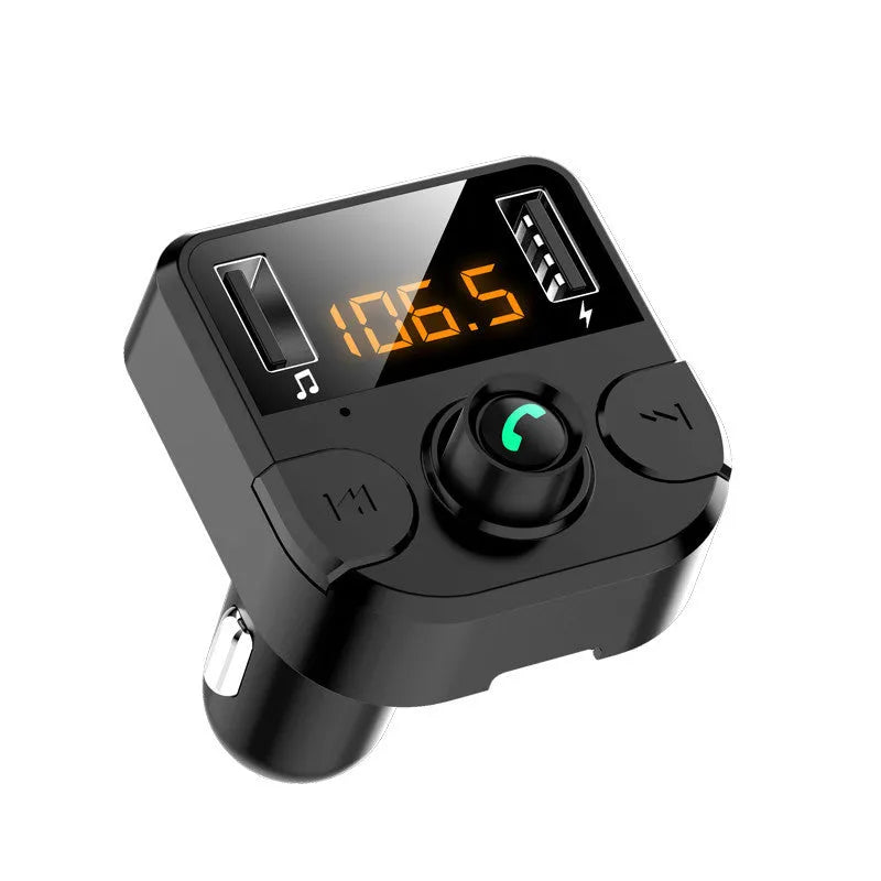 Black car Bluetooth FM transmitter plugged into vehicle cigarette lighter socket