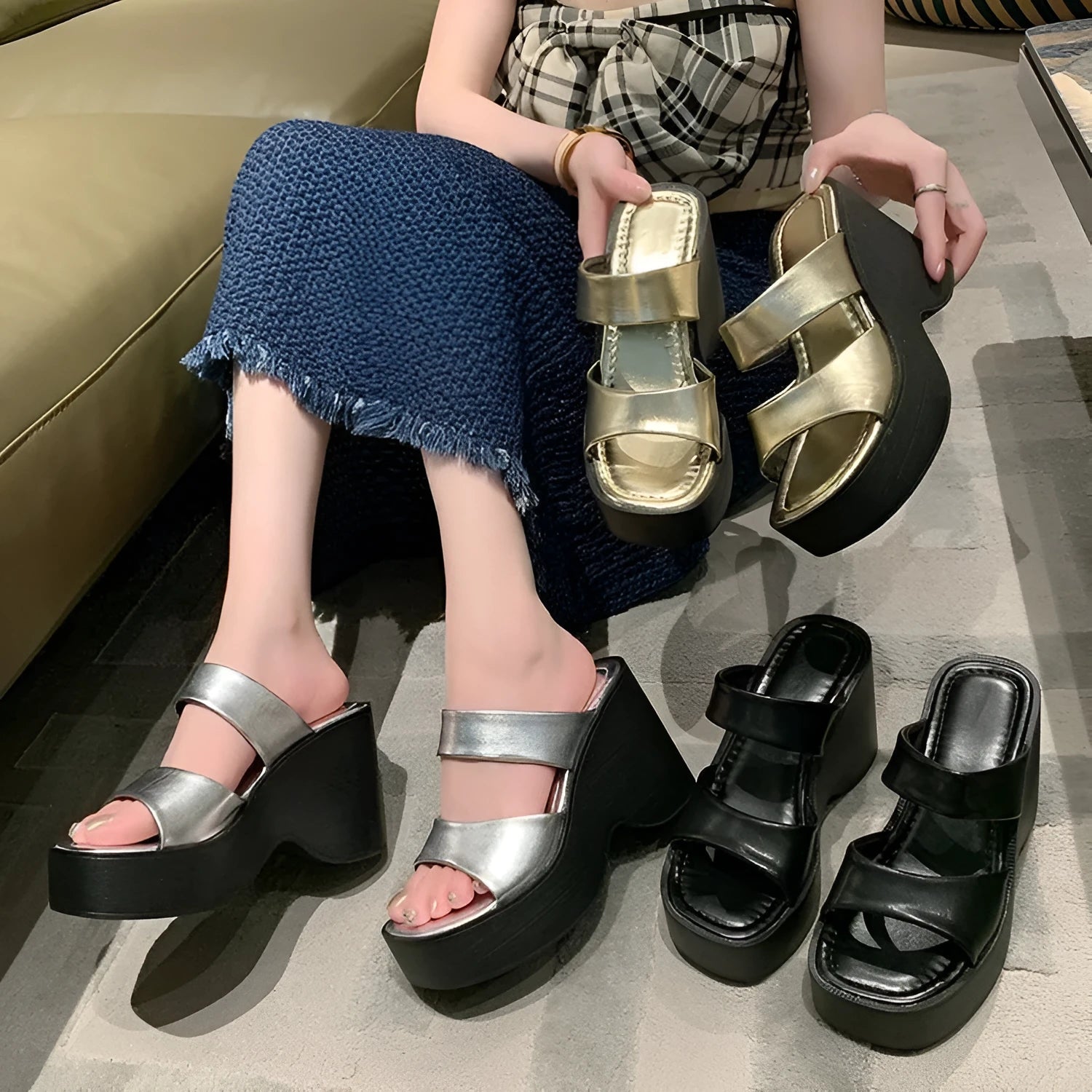 Women's black wedge platform slippers with square toe and PU upper.