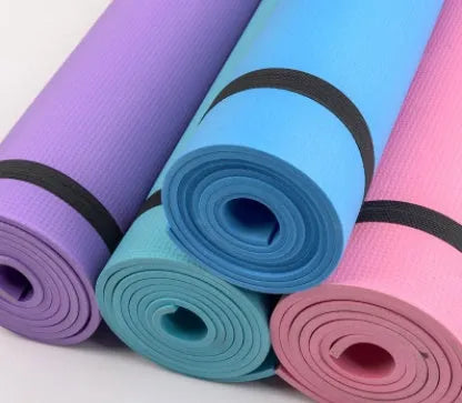 EVA composite yoga mat in red, showing 4mm and 6mm thickness options with anti-skid surface.