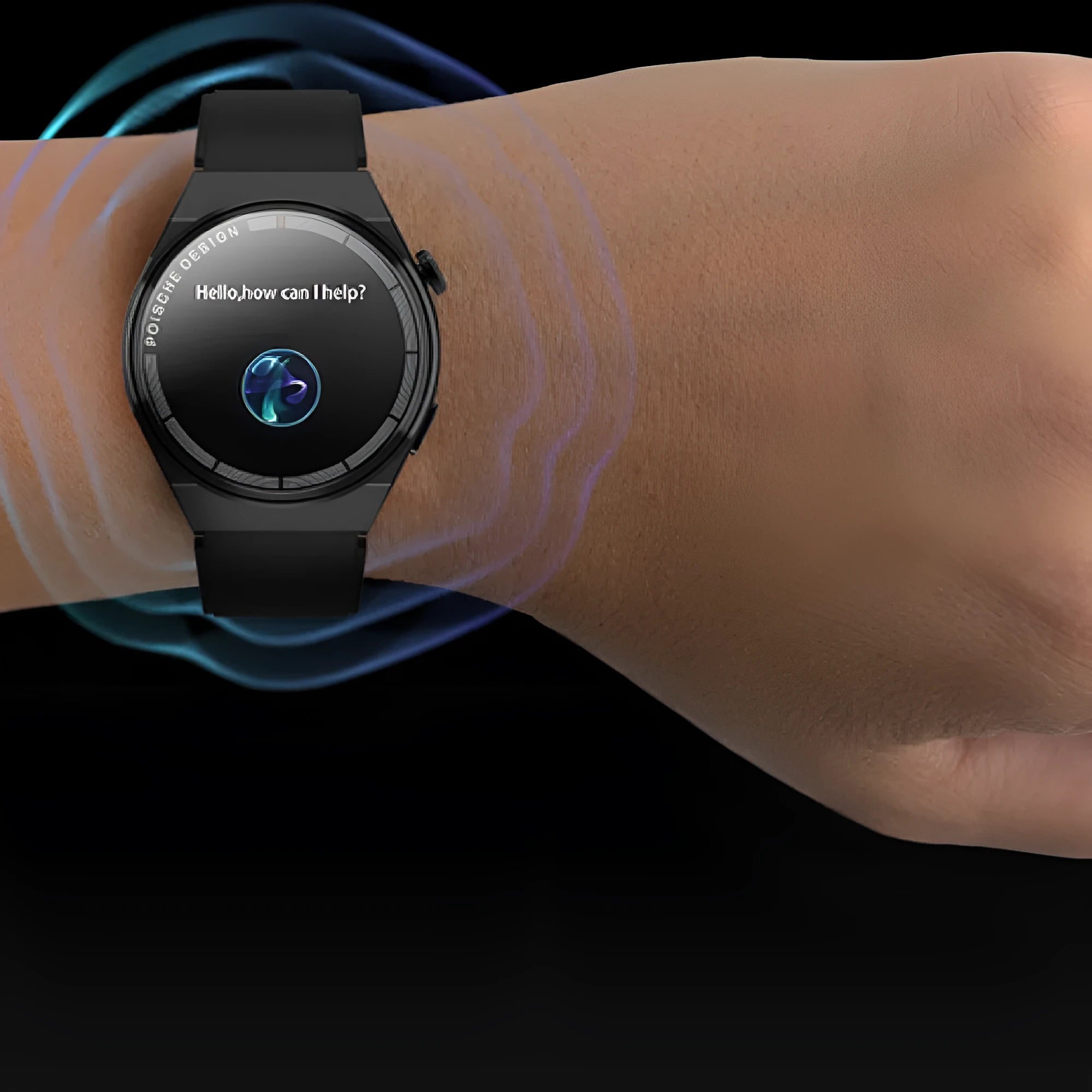 Circular smartwatch with tempered glass screen and silicone strap for Bluetooth calls and NFC payments