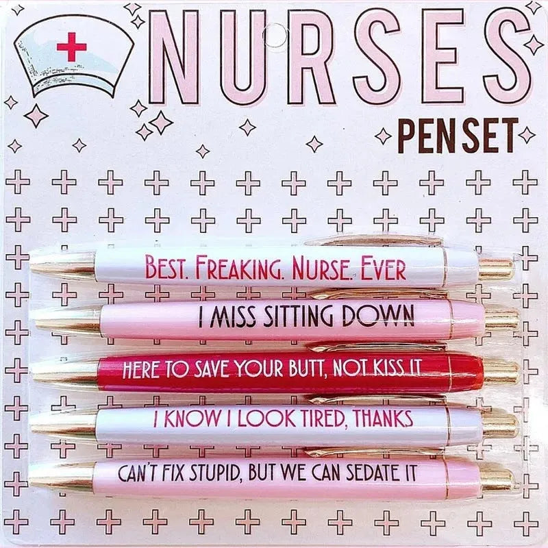 Set of five nurse-themed ballpoint pens with humorous nursing copywriting printed on plastic barrels