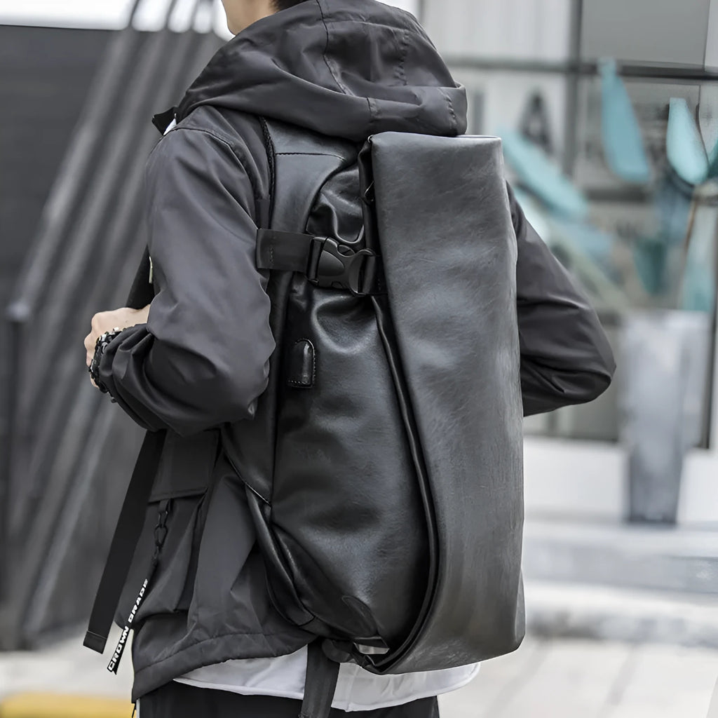 Korean men's PU leather shoulder bag black with car suture stitching cover flap square section