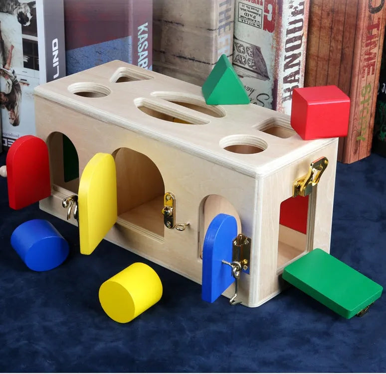 Wooden educational shape lock box toy with 12 wooden shapes for preschool children.