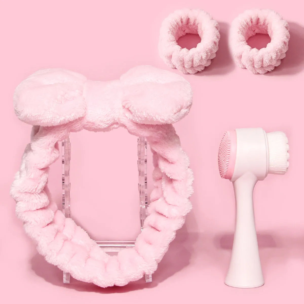 Facial brush set with coral fleece hair band, nylon bristle brush, and plastic toothbrush in purple, grey, white, or pink colours
