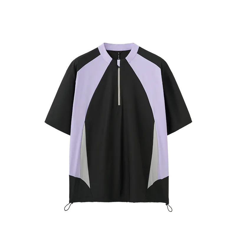 Men's solid colour lightweight polyester top with stitching detail, shown in black and beige for both long and short sleeves.