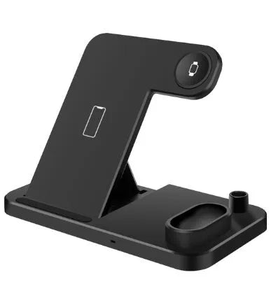 4-in-1 wireless charging station showing iPhone, Apple Watch, AirPods and Apple Pencil charging simultaneously on adjustable stand