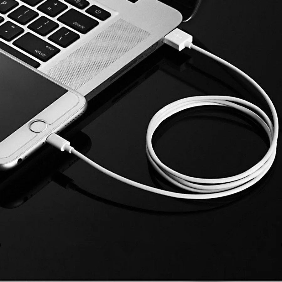 White USB wall charger and white Lightning cable for iPhone and iPad charging.