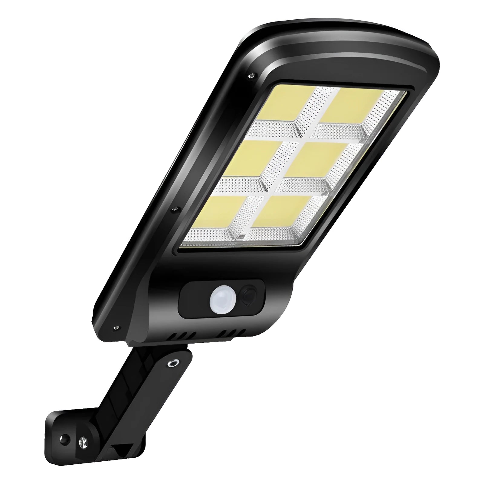 Black solar-powered outdoor motion sensor light mounted on a wall or post.
