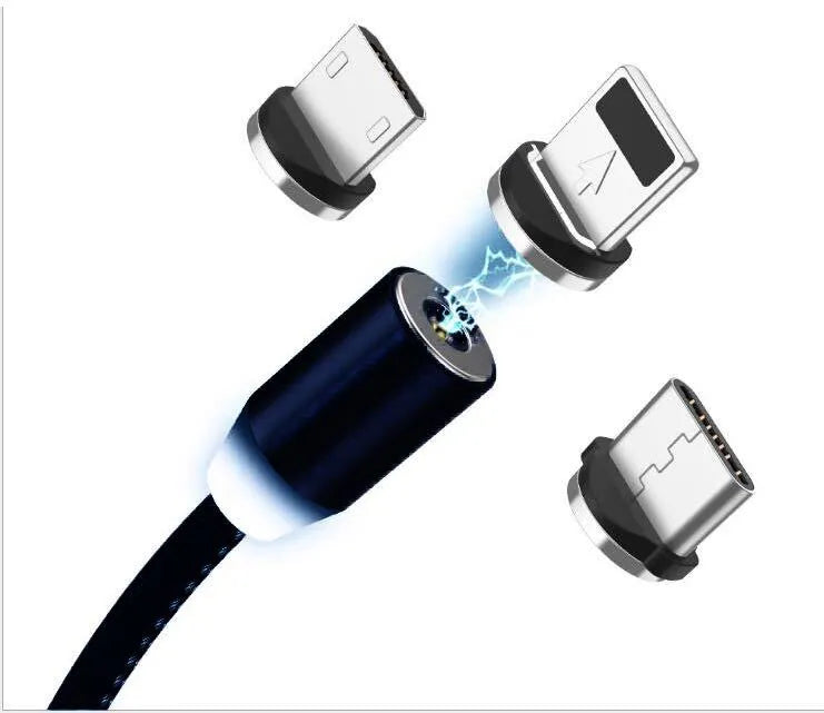 1 metre cotton braided magnetic charging cable with LED light and aluminium connectors