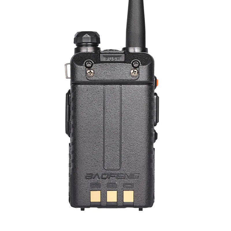 Compact black handheld VHF UHF walkie talkie with antenna, LCD screen, and keypad.