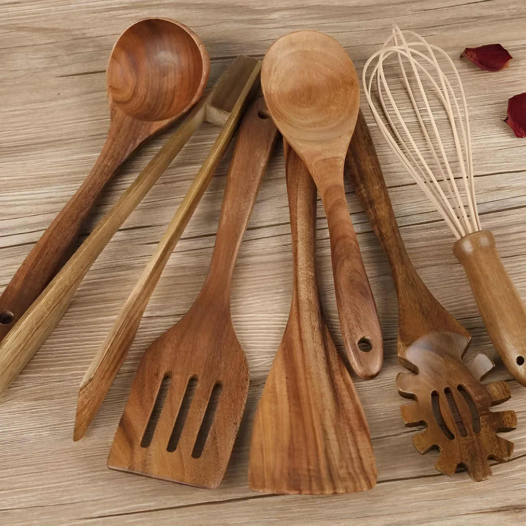 Seven-piece wooden cooking utensil set with spoon and shovel designs for non-stick pans