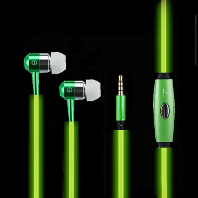 Blue light-up LED earphones with aluminium shells, remote control, and 3.5mm plug on a white background.
