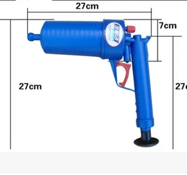 Plastic high-pressure drain blaster gun with handle and four different size rubber adaptors for unblocking pipes.