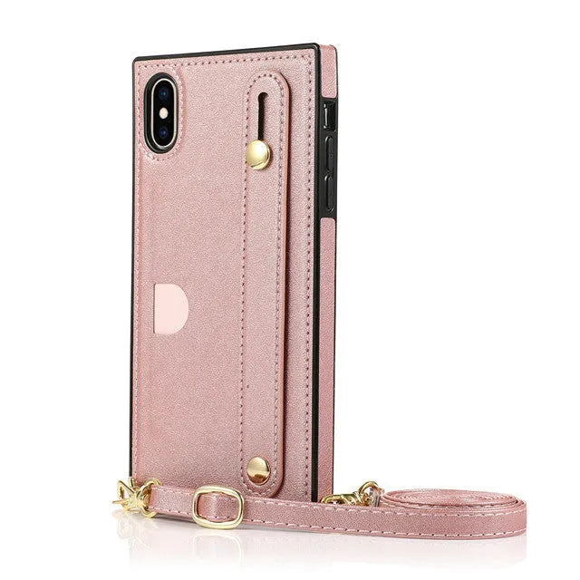 Leather iPhone case with card holder slot and wristband holster in multiple colour options